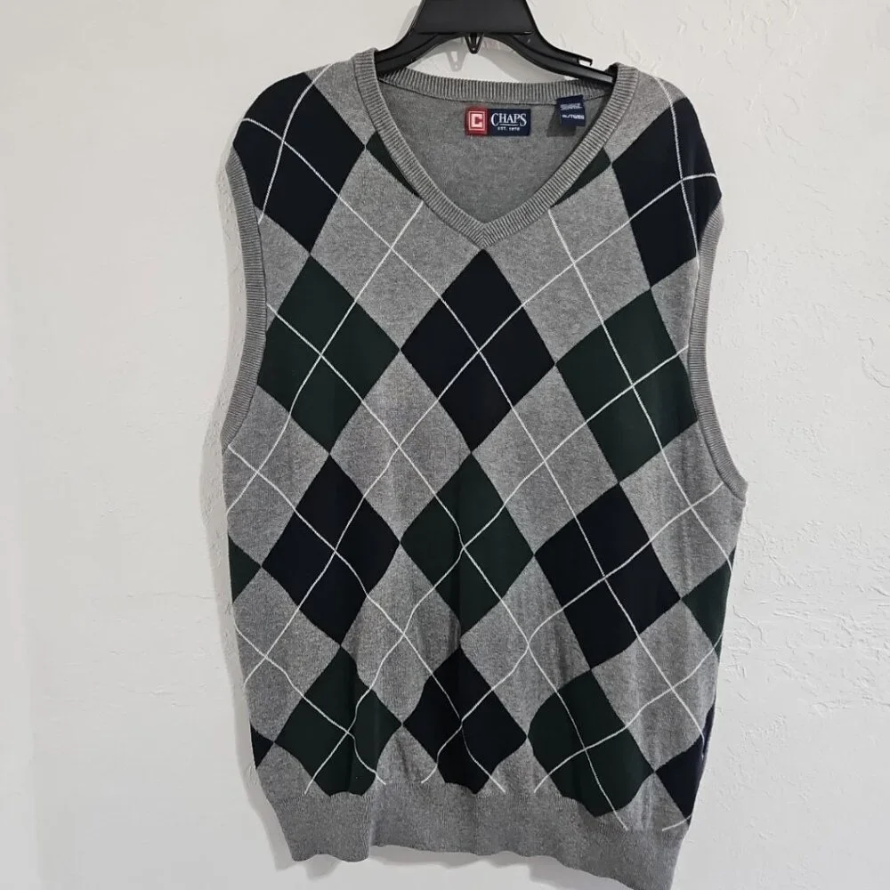 Chaps Sweater Vest Mens Size XL Gray Argyle V Neck Golf Preppy Academia